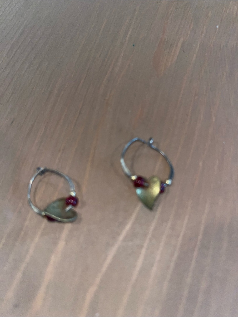 Dainty handmade heart hoops with red garnet accent brass ooak euc valentine love